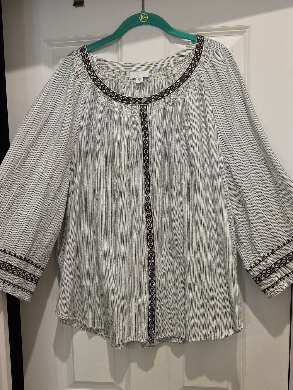Lightweight Flowing Striped Peasant Top with Black Embroidered Trim - Women